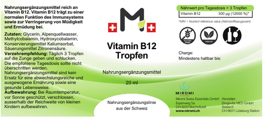 Gocce di vitamina B12 – etichetta MIROMI con ingredienti, modalità d’uso e valori nutrizionali