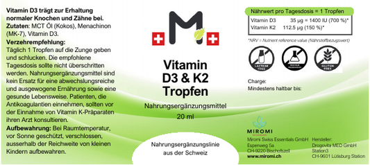 Gocce di vitamine D3 e K2 – etichetta MIROMI con ingredienti, modalità d’uso e valori nutrizionali