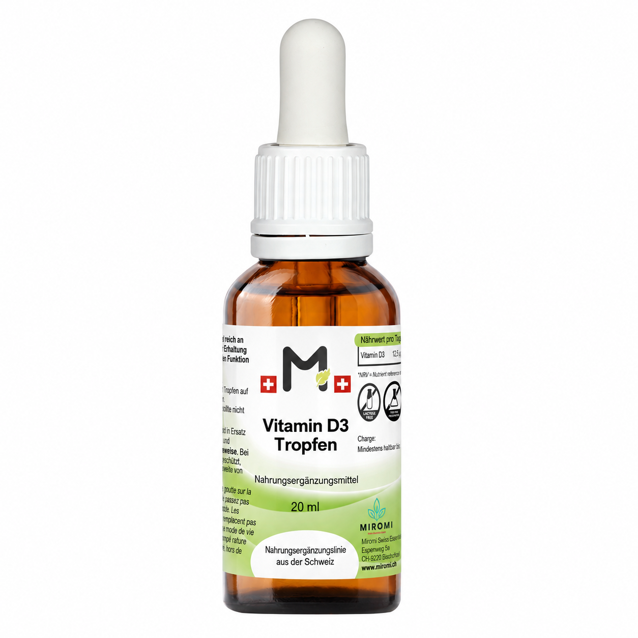MIROMI vitamina D3, 20 ml: flacone contagocce marrone con tappo bianco.