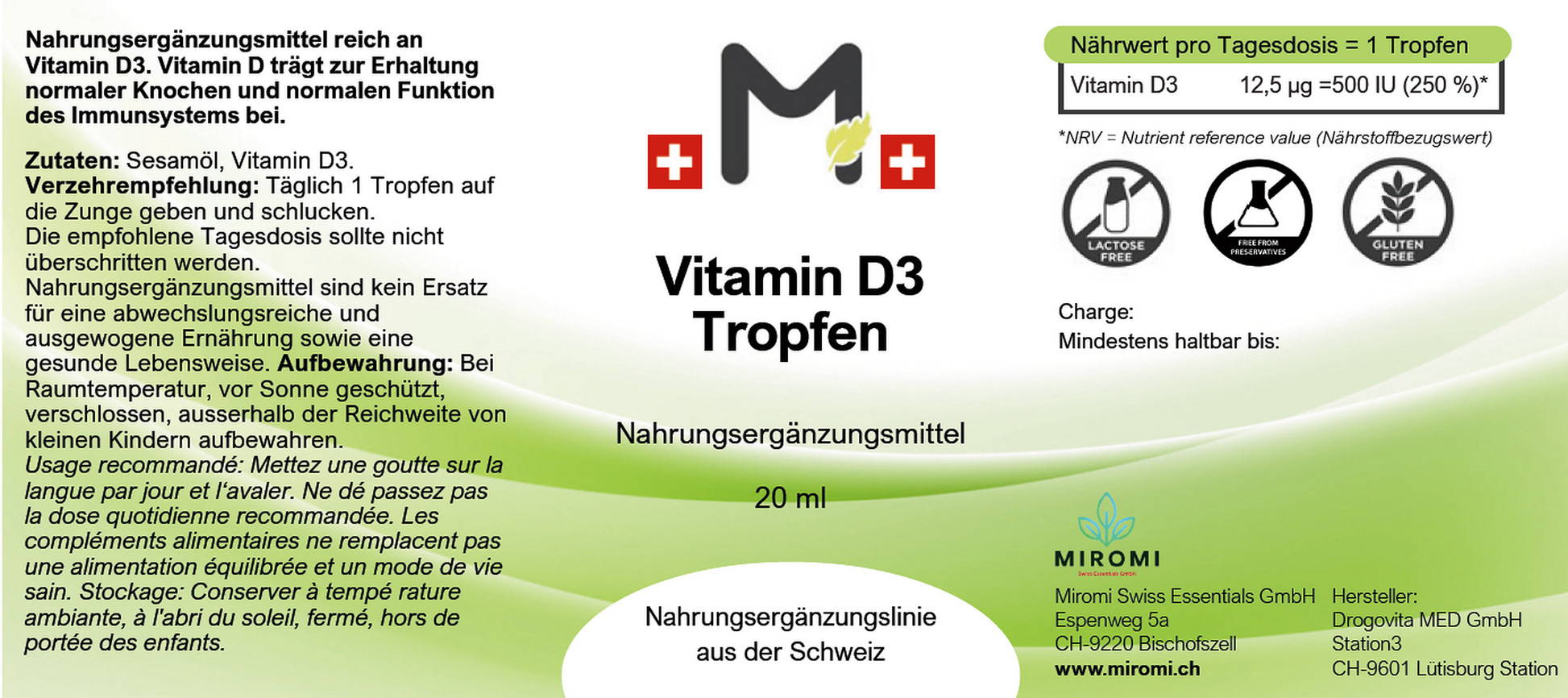 MIROMI vitamina D3, 20 ml: etichetta con informazioni sul prodotto.