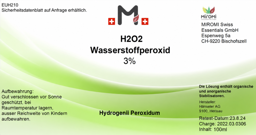 MIROMI Wasserstoffperoxid 3 %, 100 ml: Etikett mit Produktangaben.
