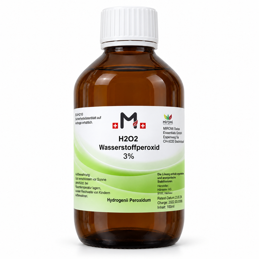 MIROMI Wasserstoffperoxid 3 %, 100 ml: braune Glasflasche mit weissem Schraubverschluss.
