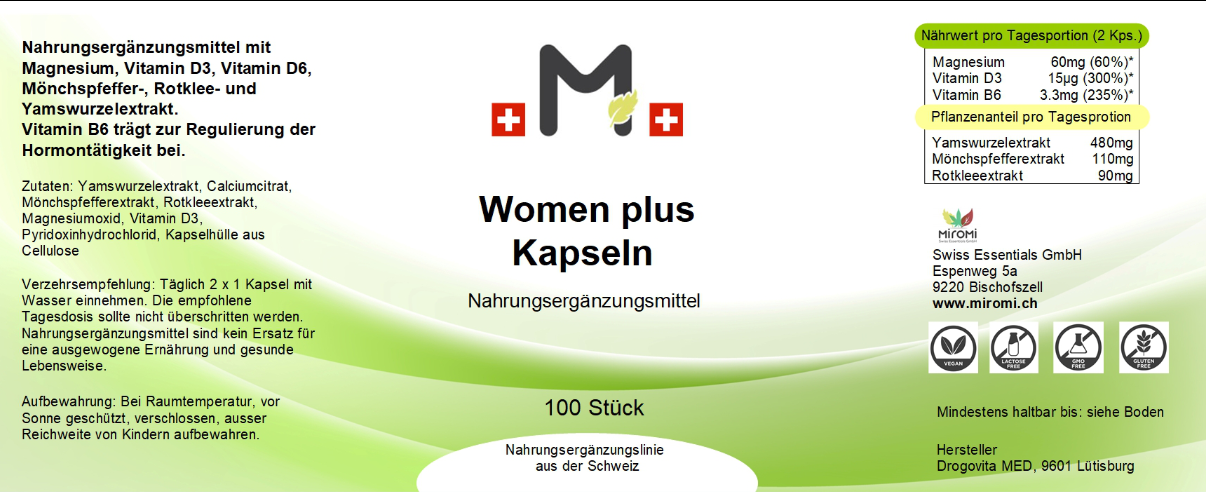  Women vital Kapseln – Rückseite mit Etikette und Inhaltsstoffen |  MIROMI - Swiss Essentials GmbH
