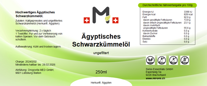 MIROMI Schwarzkümmelöl, 250 ml: Etikett mit Produktangaben.