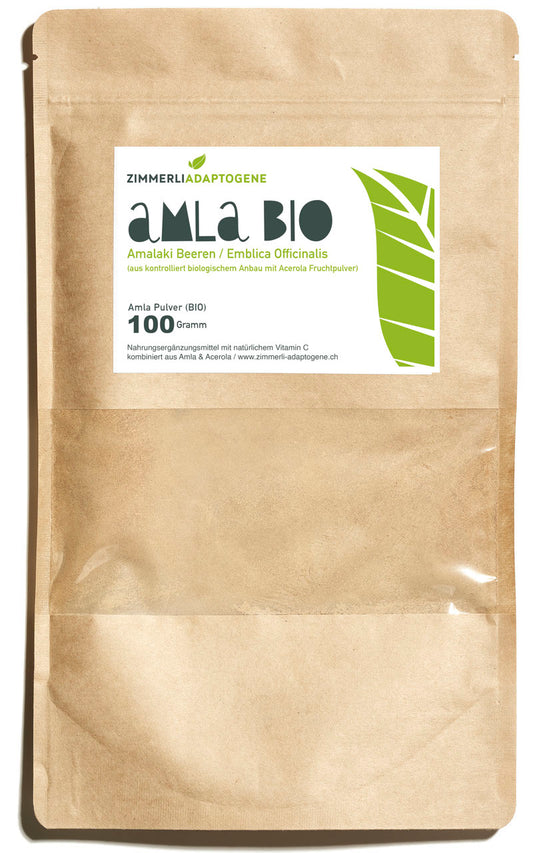 Zimmerli Adaptogene Amla BIO Pulver, 100 g: brauner Beutel mit Produktetikett.