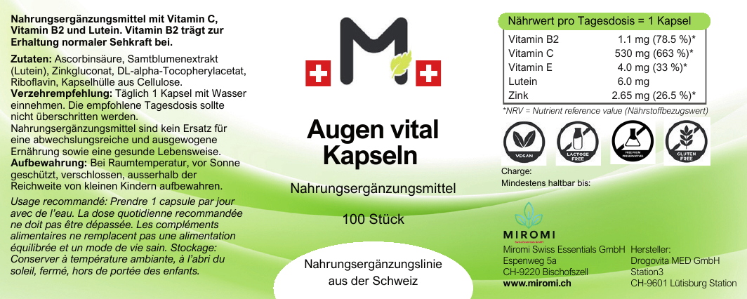 Augen vital Kapseln – MIROMI Etikett mit Zutaten, Verzehrempfehlung und Nährwerten