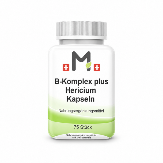 MIROMI B-Komplex plus Hericium Kapseln, 75 Stück: geschlossene Produktdose auf weissem Hintergrund.