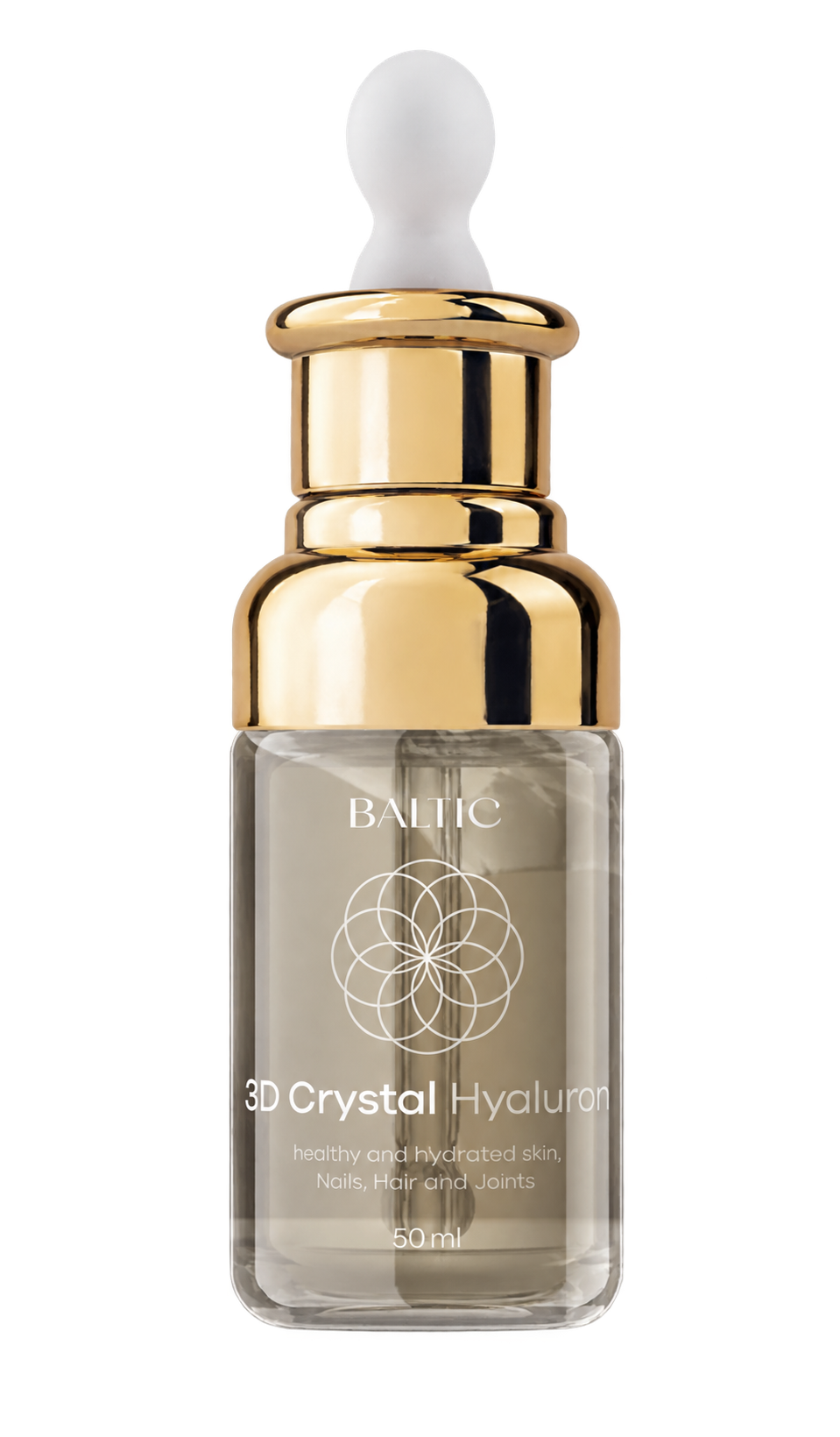 BALTIC 3D Crystal Hyaluron Flüssig 50 ml – goldene Pipettenflasche in Vorderansicht