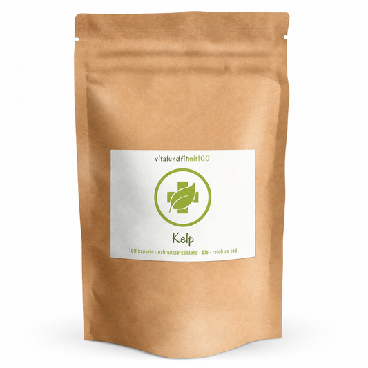 Bio Kelp Kapseln (aus Meeresalgen) 100 Stück à 100 µg - hochdosiert, reich an Jod – Produktverpackung, Vorderseite auf weissem Hintergrund