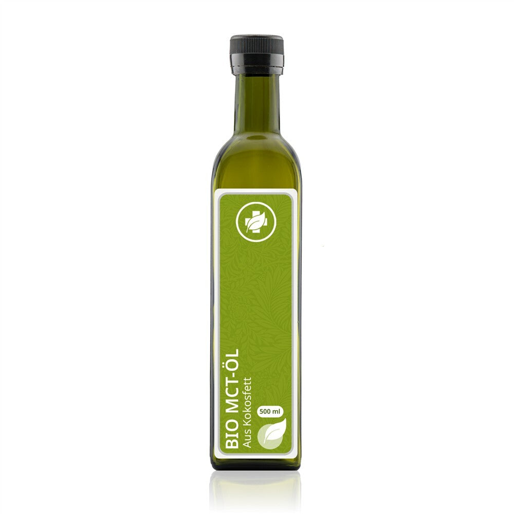 Bio MCT, 500 ml: dunkle Glasflasche mit goldfarbenem Verschluss.