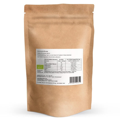 Bio Spirulina, 100 g: Beutelrückseite mit Produktangaben.