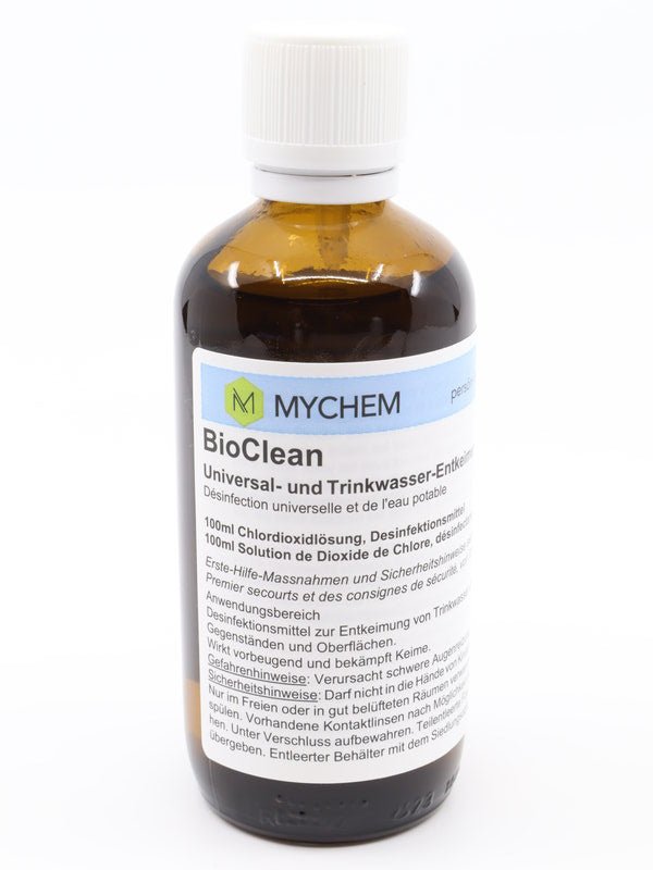 MYCHEM BioClean, 100 ml: braune Glasflasche mit weissem Schraubverschluss.