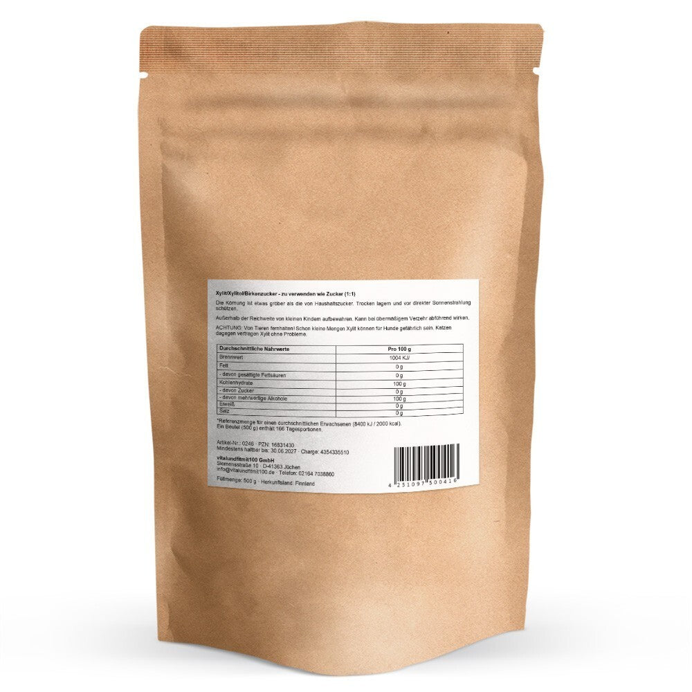 Dos du sachet de 500 g de xylitol avec étiquette, tableau nutritionnel et code-barres.