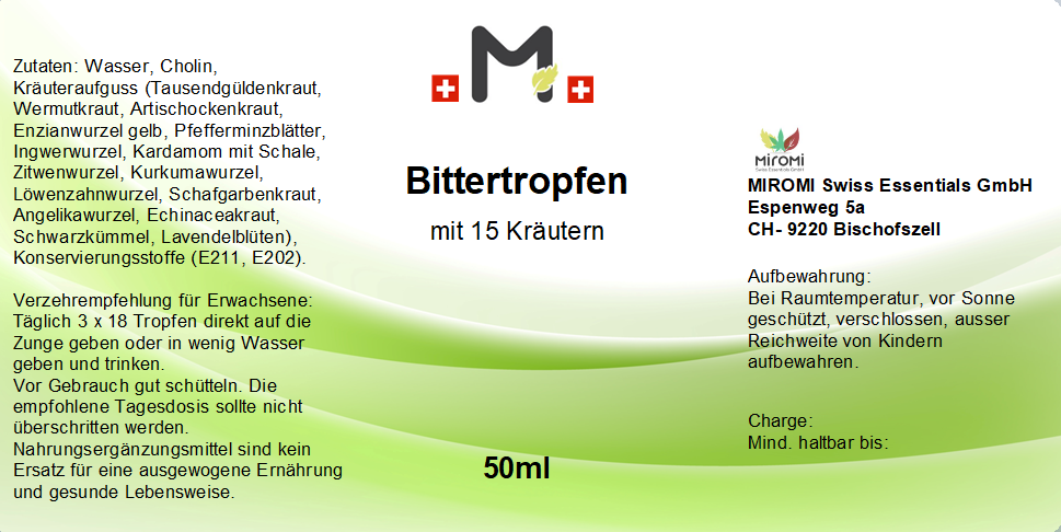 MIROMI Bittertropfen, 50 ml: Etikett mit Produktangaben.