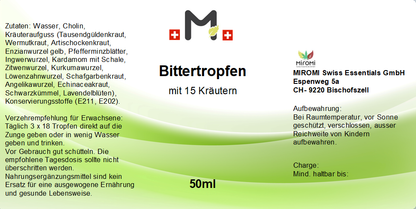 MIROMI Bittertropfen, 50 ml: Etikett mit Produktangaben.