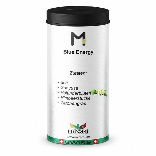 MIROMI Blue Energy Tee: geschlossene Produktdose auf weissem Hintergrund.