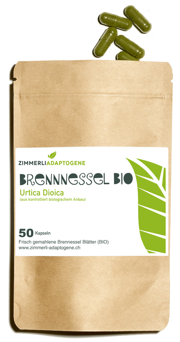Zimmerli Adaptogene Brennnessel BIO, 50 Kapseln: brauner Beutel mit grünen Kapseln darüber.