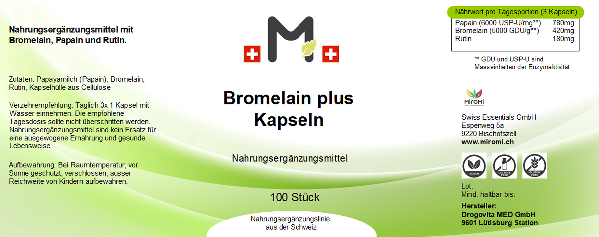 MIROMI Bromelain plus, 100 Stk.: Etikett mit Produktangaben.