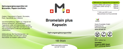 MIROMI Bromelain plus, 100 Stk.: Etikett mit Produktangaben.