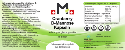 Cranberry D-Mannose Kapseln – MIROMI Etikett mit Zutaten, Verzehrempfehlung und Nährwerten