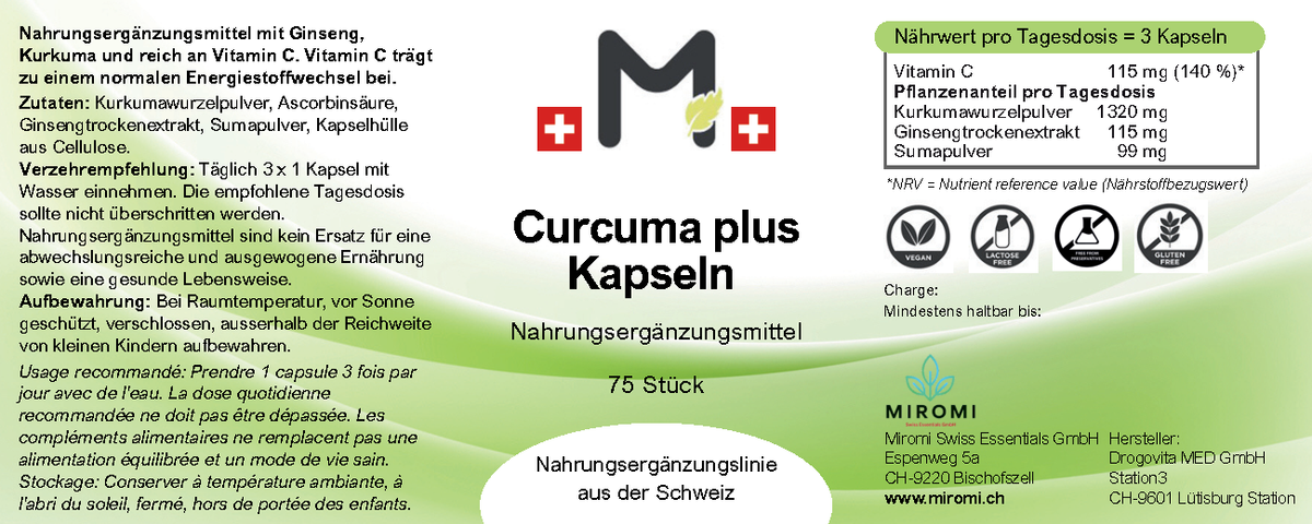 MIROMI Curcuma plus Kapseln, 75 Stück: Etikett mit Produktangaben.