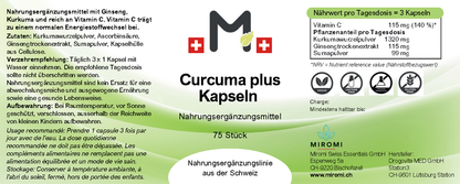 MIROMI Curcuma plus Kapseln, 75 Stück: Etikett mit Produktangaben.