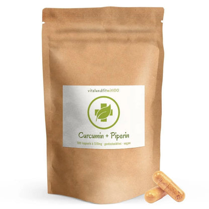 Curcumin Piperin, 100 Stk.: brauner Beutel neben gelben Kapseln.