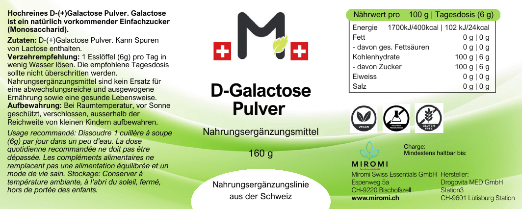 D-Galactose Pulver – MIROMI Etikett mit Zutaten, Verzehrempfehlung und Nährwerten