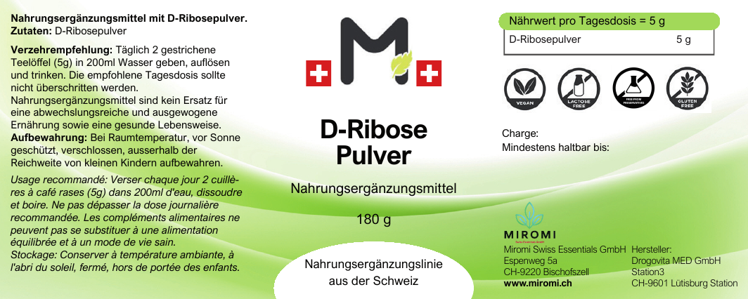 D-Ribose Pulver – MIROMI Etikett mit Zutaten, Verzehrempfehlung und Nährwerten