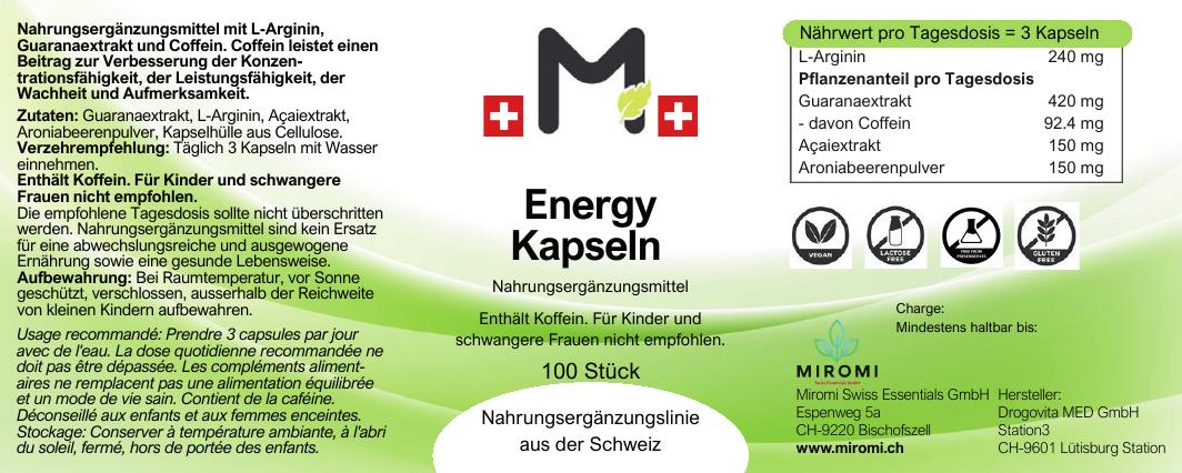 Energy Kapseln – MIROMI Etikett mit Zutaten, Verzehrempfehlung und Nährwerten