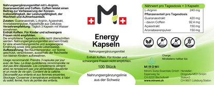 Energy Kapseln – MIROMI Etikett mit Zutaten, Verzehrempfehlung und Nährwerten