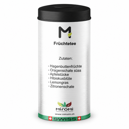 MIROMI Früchtetee: geschlossene Produktdose auf weissem Hintergrund.