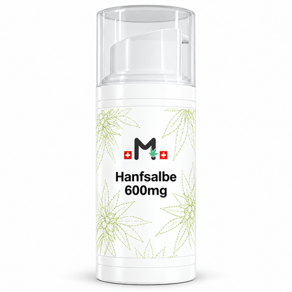 MIROMI Hanfsalbe 600 mg, 75 ml – weisser Pumpspender mit grünem Pflanzenmuster auf weissem Hintergrund