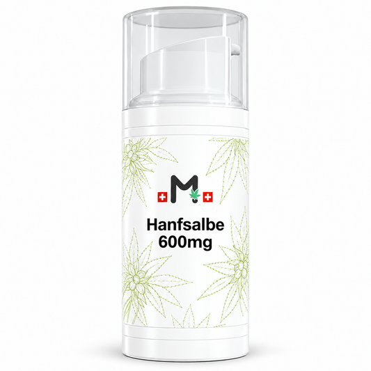 MIROMI Hanfsalbe 600 mg, 75 ml – weisser Pumpspender mit grünem Pflanzenmuster auf weissem Hintergrund