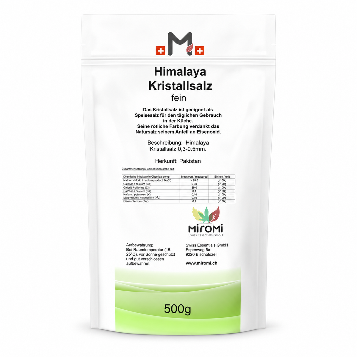 Himalaya Kristallsalz fein 500 g – weisser Produktbeutel auf weissem Hintergrund
