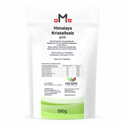 MIROMI Himalaya Kristallsalz grob, 500 g: weisser Beutel einzeln von vorn.