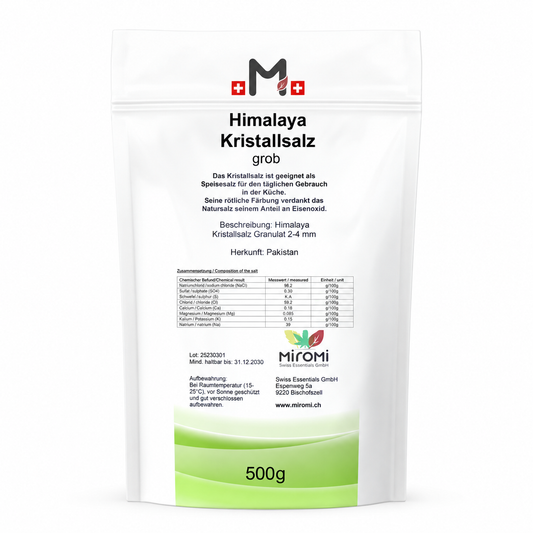 MIROMI Himalaya Kristallsalz grob, 500 g: weisser Beutel einzeln von vorn.