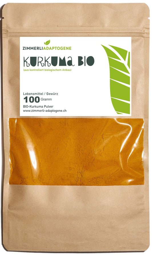 Zimmerli Adaptogene Kurkuma BIO Pulver, 100 g: brauner Beutel mit Etikett und orangefarbenem Pulver im Sichtfenster.