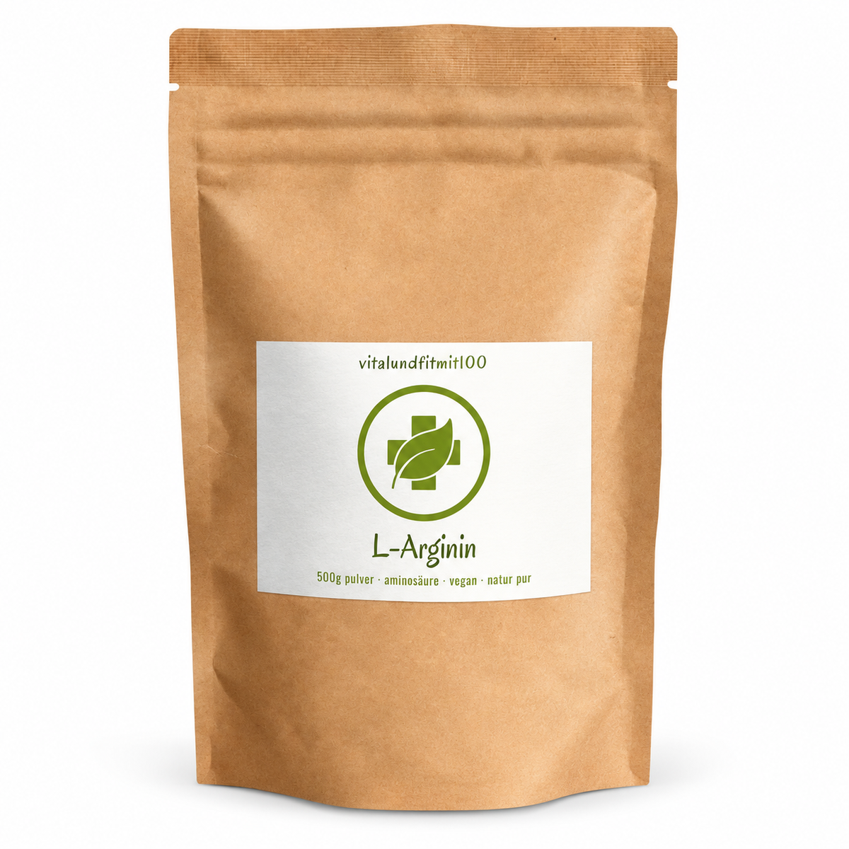 L-arginina base in polvere di origine vegetale, 500 g: confezione su sfondo bianco.