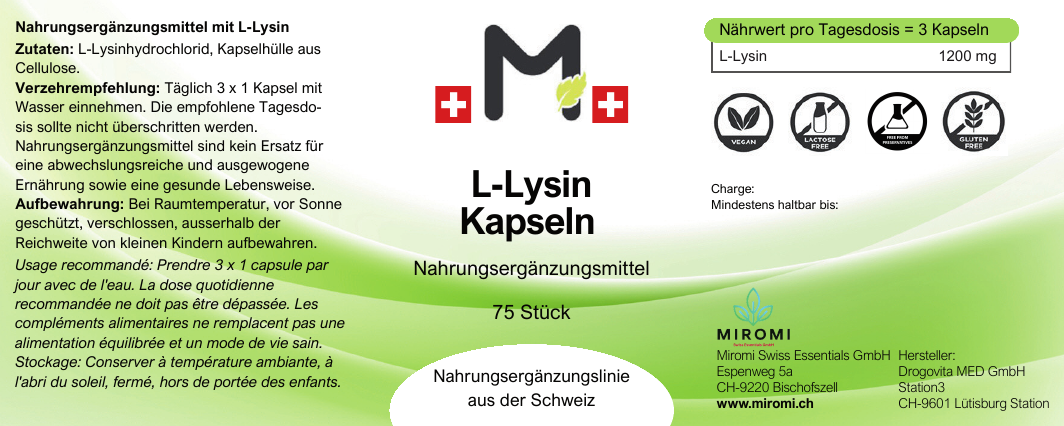 L-Lysin Kapseln – MIROMI Etikett mit Zutaten, Verzehrempfehlung und Nährwerten