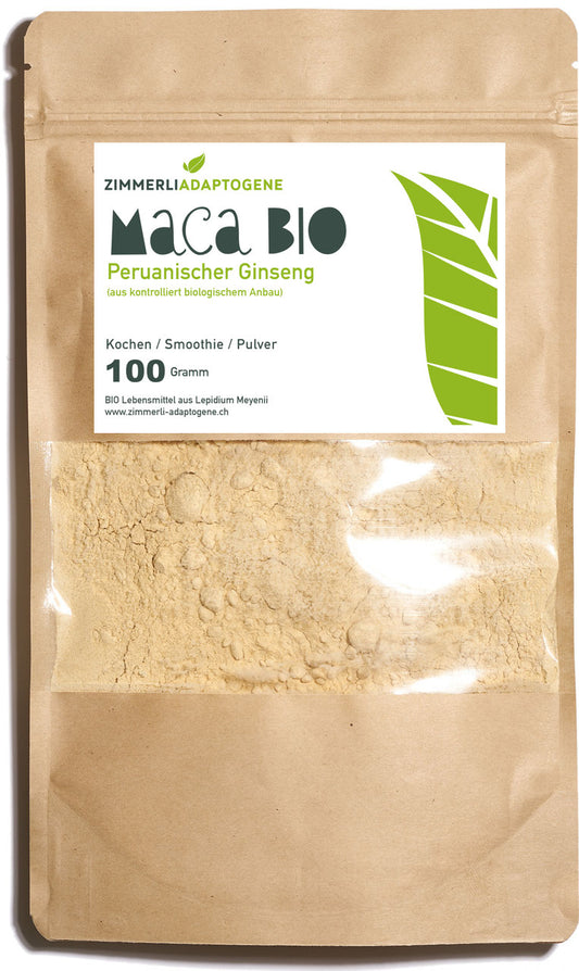 Zimmerli Adaptogene Maca BIO Pulver, 100 g: brauner Beutel mit hellbeigem Pulver im Sichtfenster.