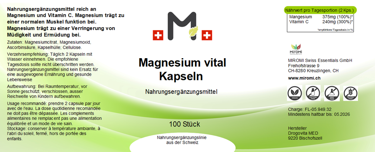 MIROMI Magnesium vital, 100 Stk.: Etikett mit Produktangaben.