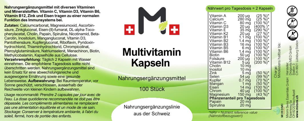 Multivitamin Kapseln – MIROMI Etikett mit Zutaten, Verzehrempfehlung und Nährwerten