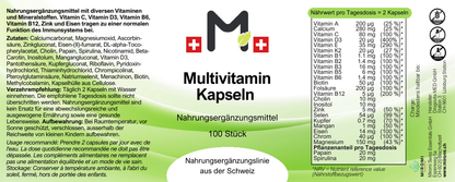 Multivitamin Kapseln – MIROMI Etikett mit Zutaten, Verzehrempfehlung und Nährwerten