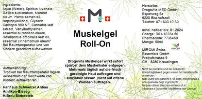 MIROMI Muskelgel Roll-on, 50 ml: Etikett mit Produktangaben.