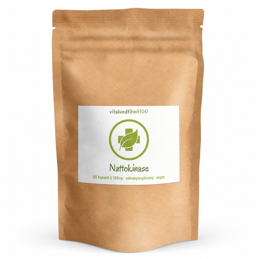 Nattokinase Kapseln 60 Stück à 100 mg – Produktverpackung, Vorderseite auf weissem Hintergrund