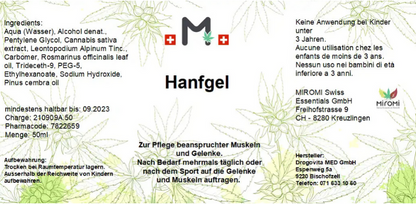 MIROMI Hanfgel: Etikett mit Produktangaben.