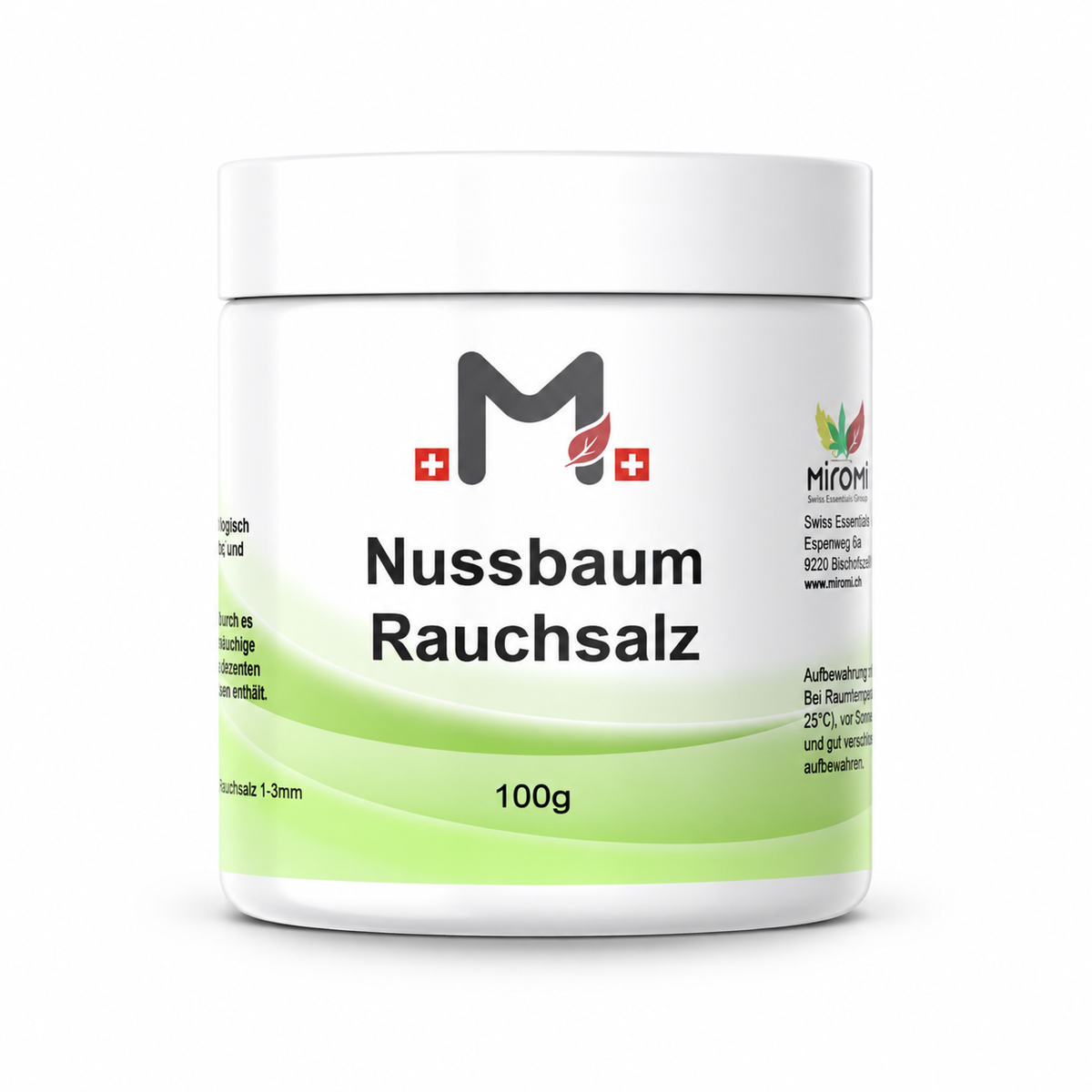 MIROMI Nussbaum Rauchsalz, 100 g: weisse Dose einzeln von vorn.