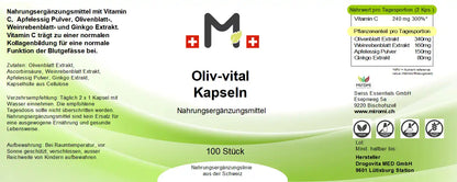 MIROMI Oliv-vital, 100 Stk.: Etikett mit Produktangaben.