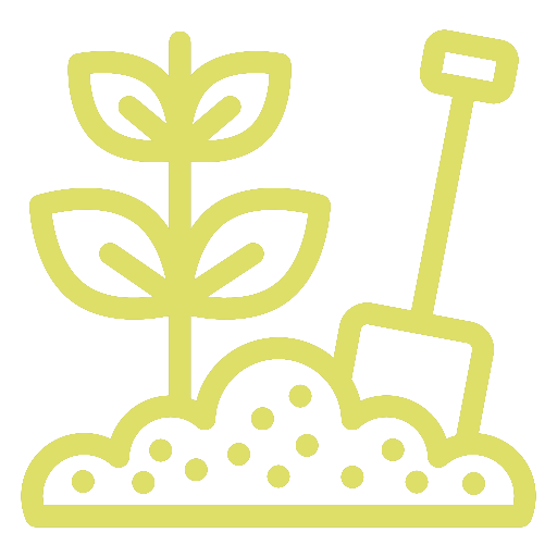Gelbes Liniensymbol einer Pflanze mit Wurzeln und einer Gartenschaufel.